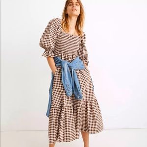Lucie Elbow-Sleeve Smocked Midi Dress in Gingham by Madewell. Size extra small.